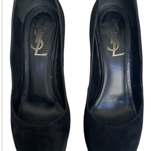 Saint Laurent Black Suede Platform Pumps Size 37 7 Round Toe YSL Designer Shoes - Picture 2 of 10
